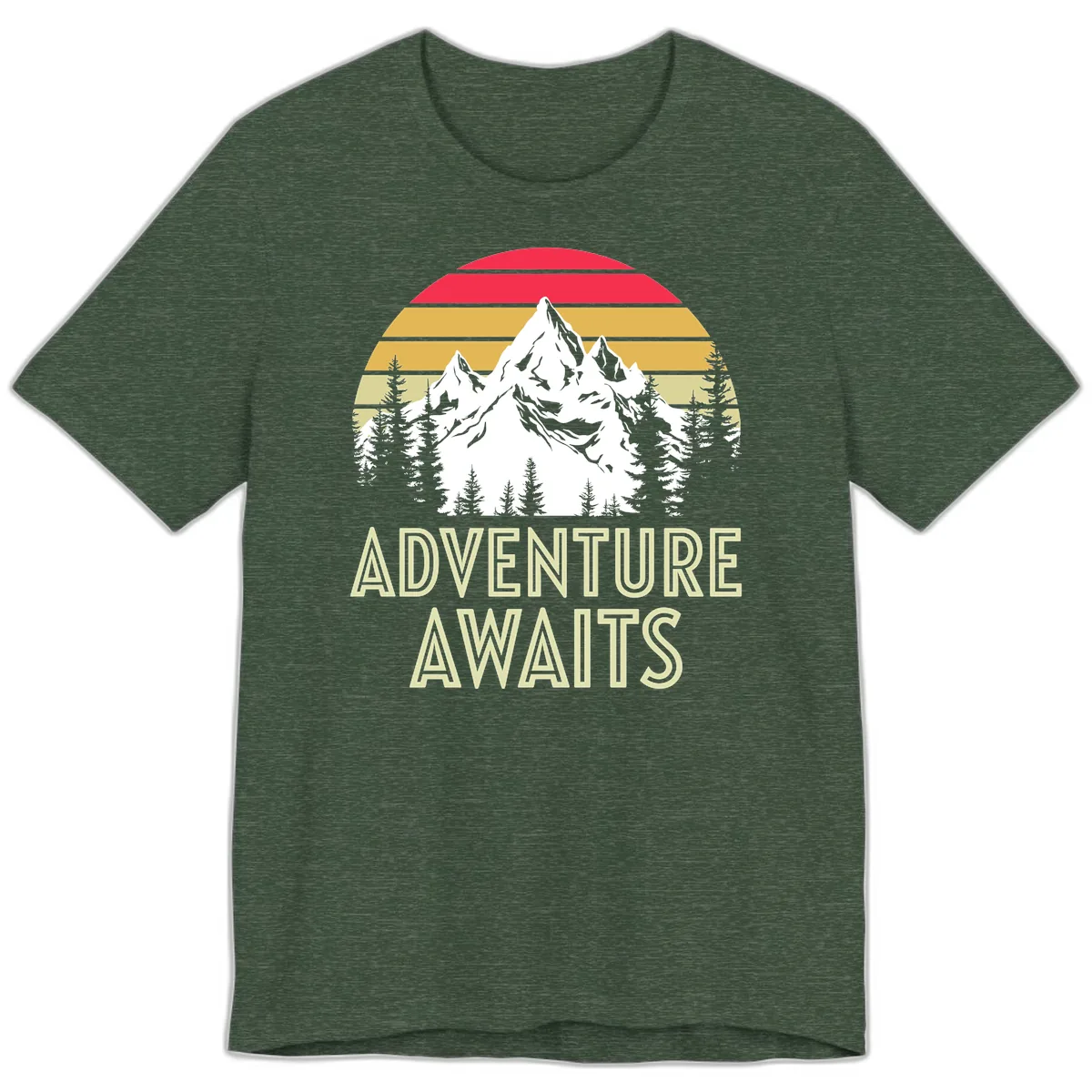 Adventure Awaits Mountain Sunset Premium T-Shirt in Heather Forest