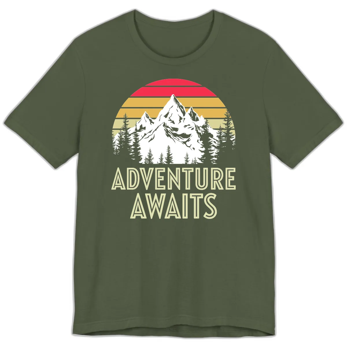 Adventure Awaits Mountain Sunset Premium T-Shirt in Military Green