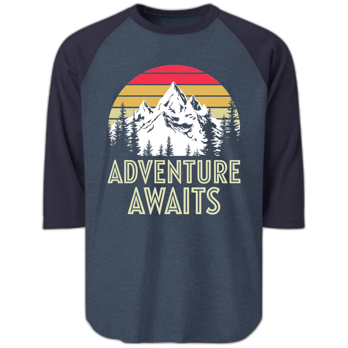 Adventure Awaits Mountain Sunset Raglan 3/4 in Heather Denim Navy