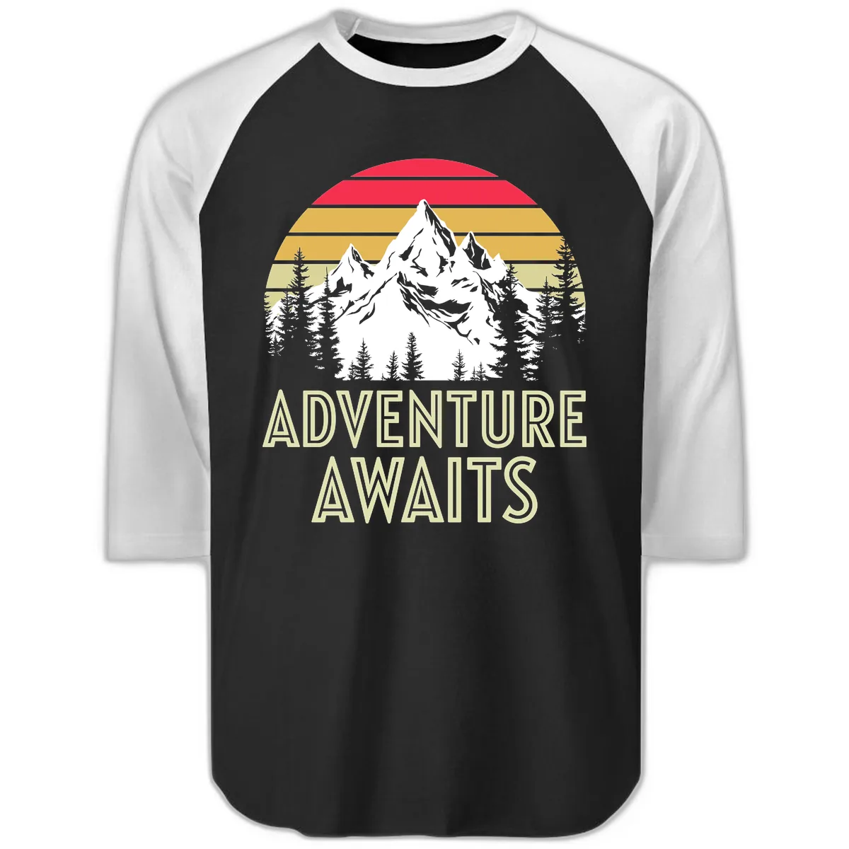 Adventure Awaits Mountain Sunset Raglan 3/4 in Black White