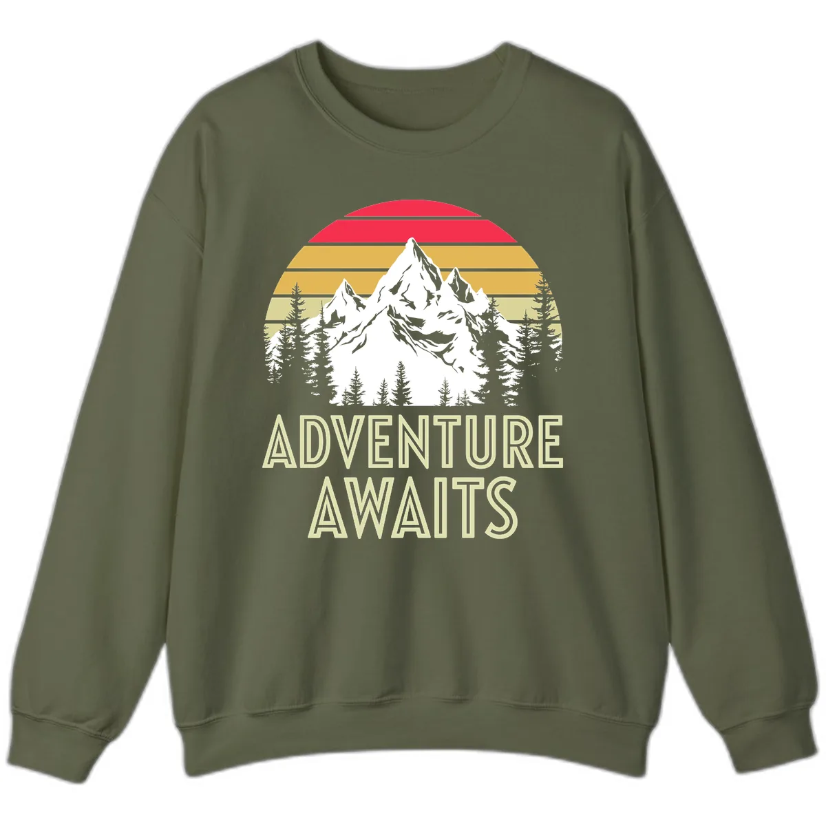 Adventure Awaits Mountain Sunset Sweatshirt in Military Green