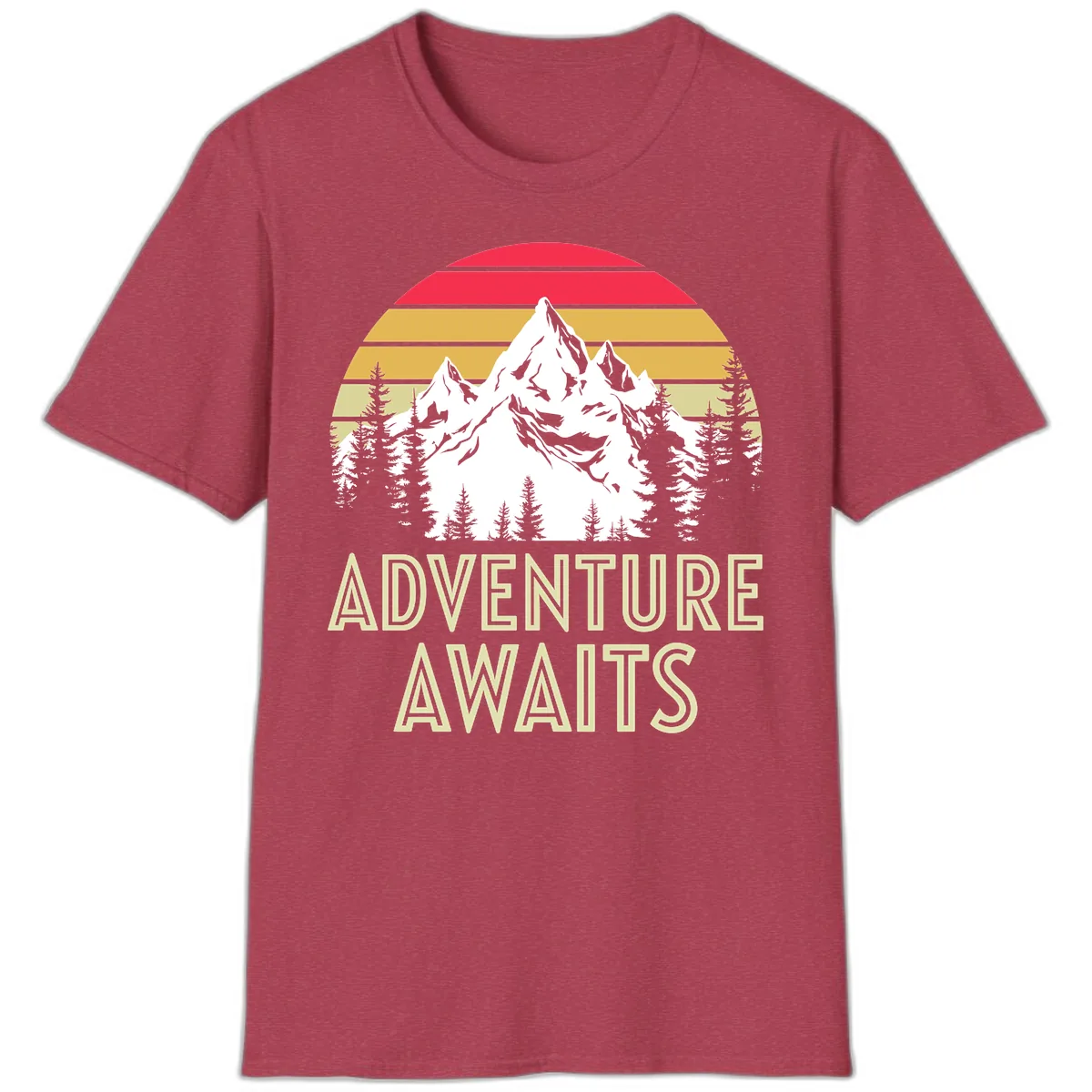 Adventure Awaits Mountain Sunset T-Shirt in Heather Cardinal