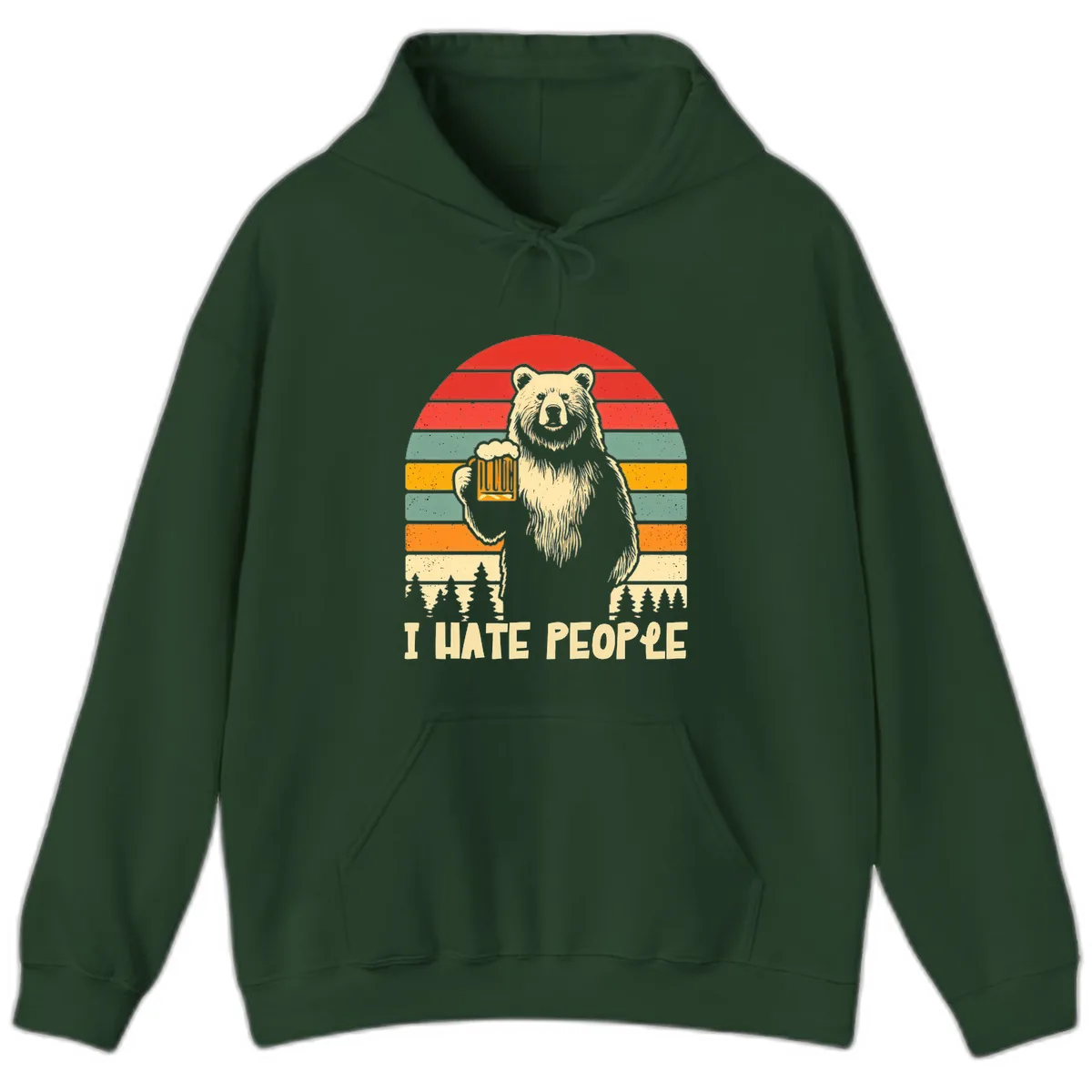 Bear Hates People Retro Camping Hoodie in Forest Green