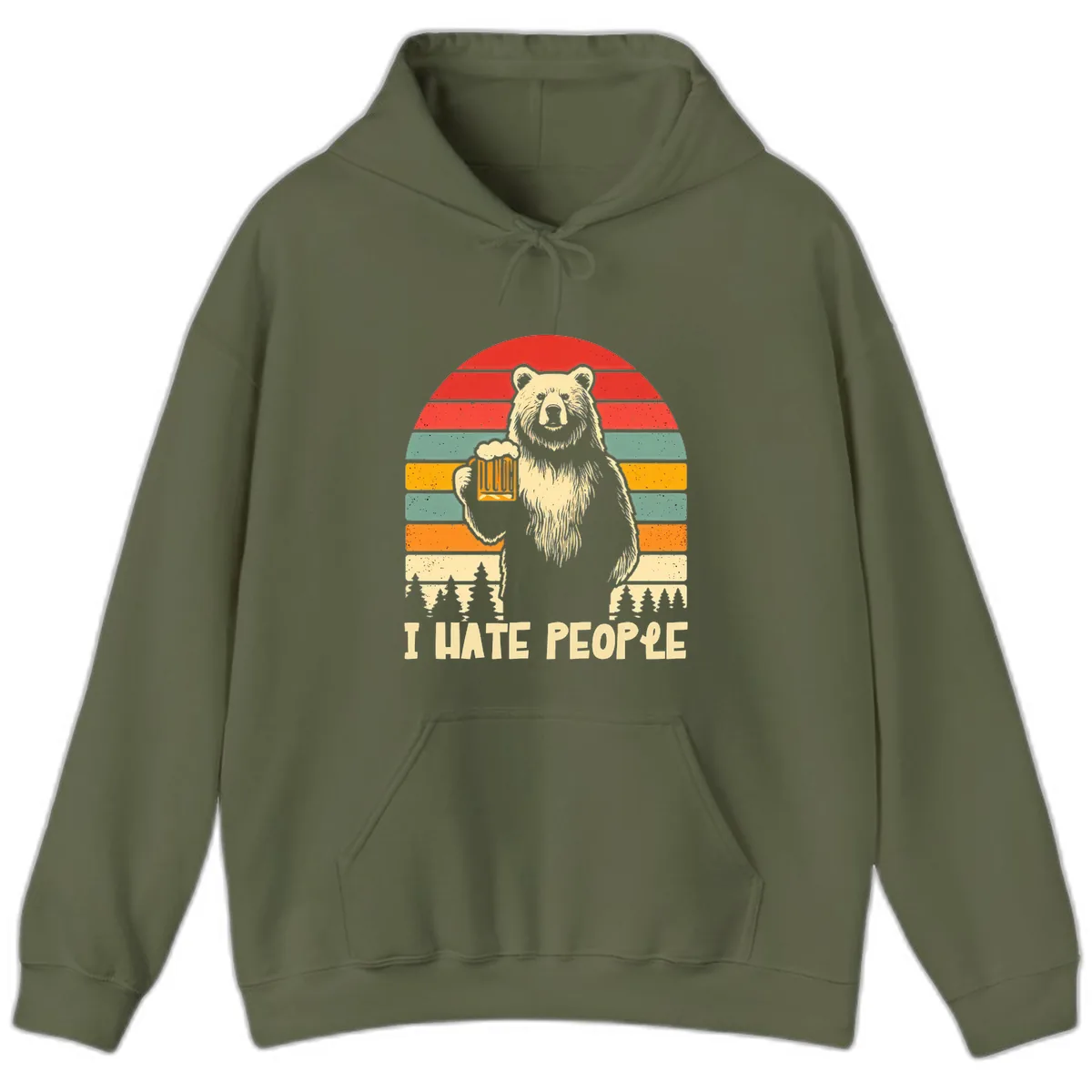 Bear Hates People Retro Camping Hoodie in Military Green