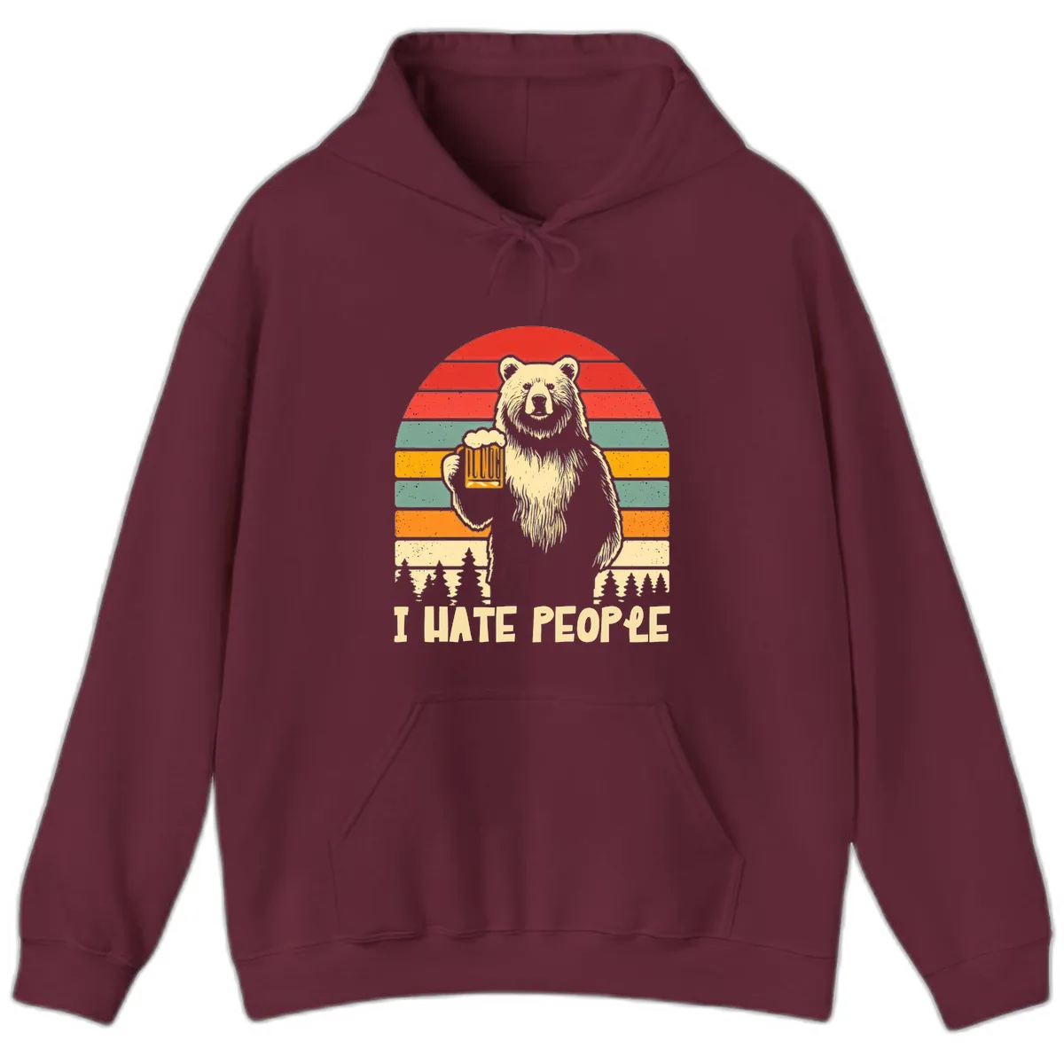 Bear Hates People Retro Camping Hoodie in Maroon