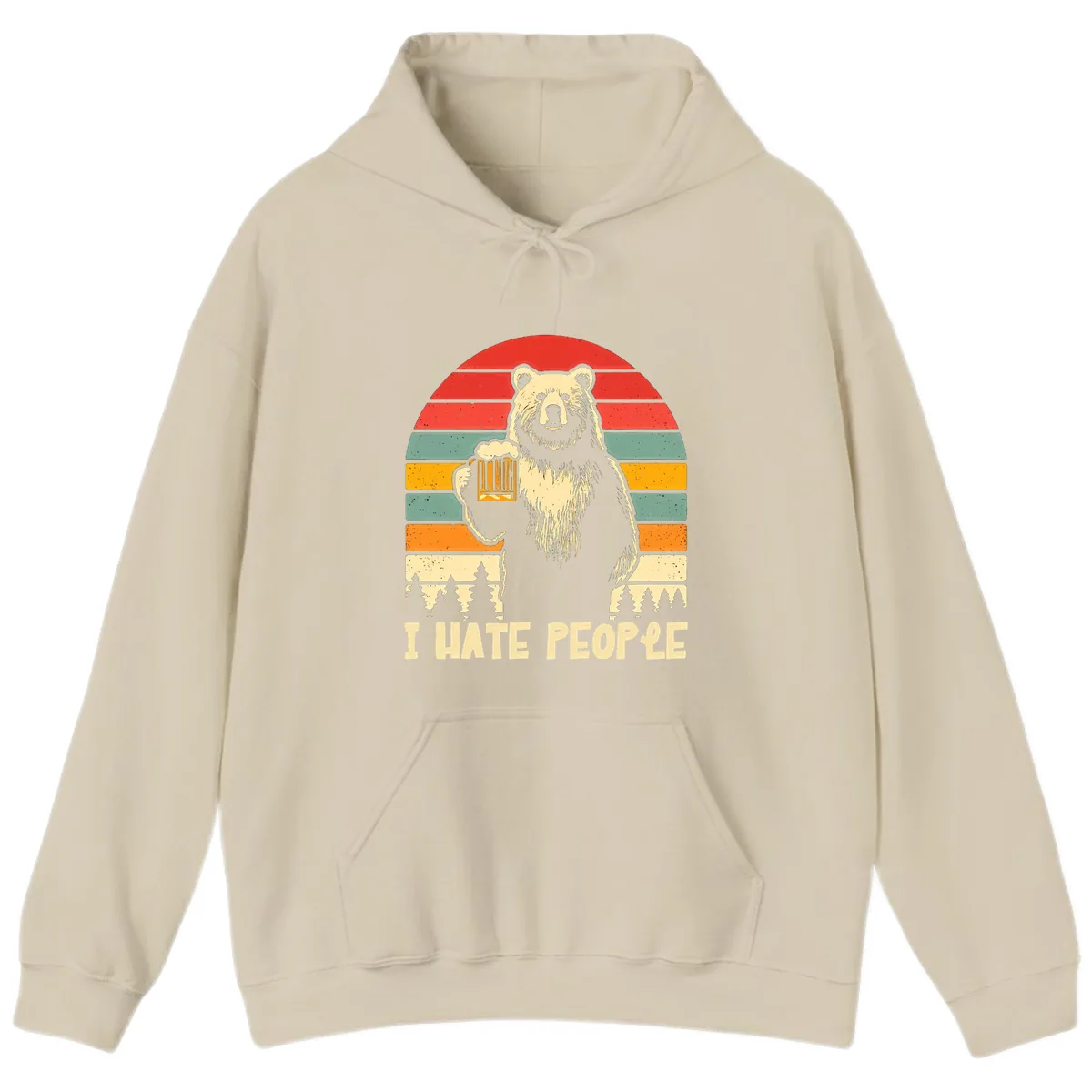 Bear Hates People Retro Camping Hoodie in Sand