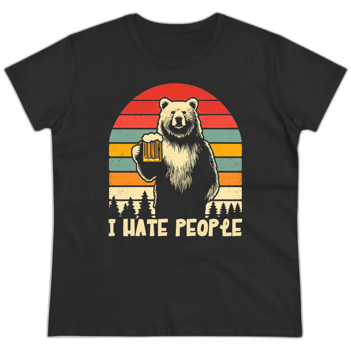 Bear Hates People Retro Camping Ladies Tee in Black
