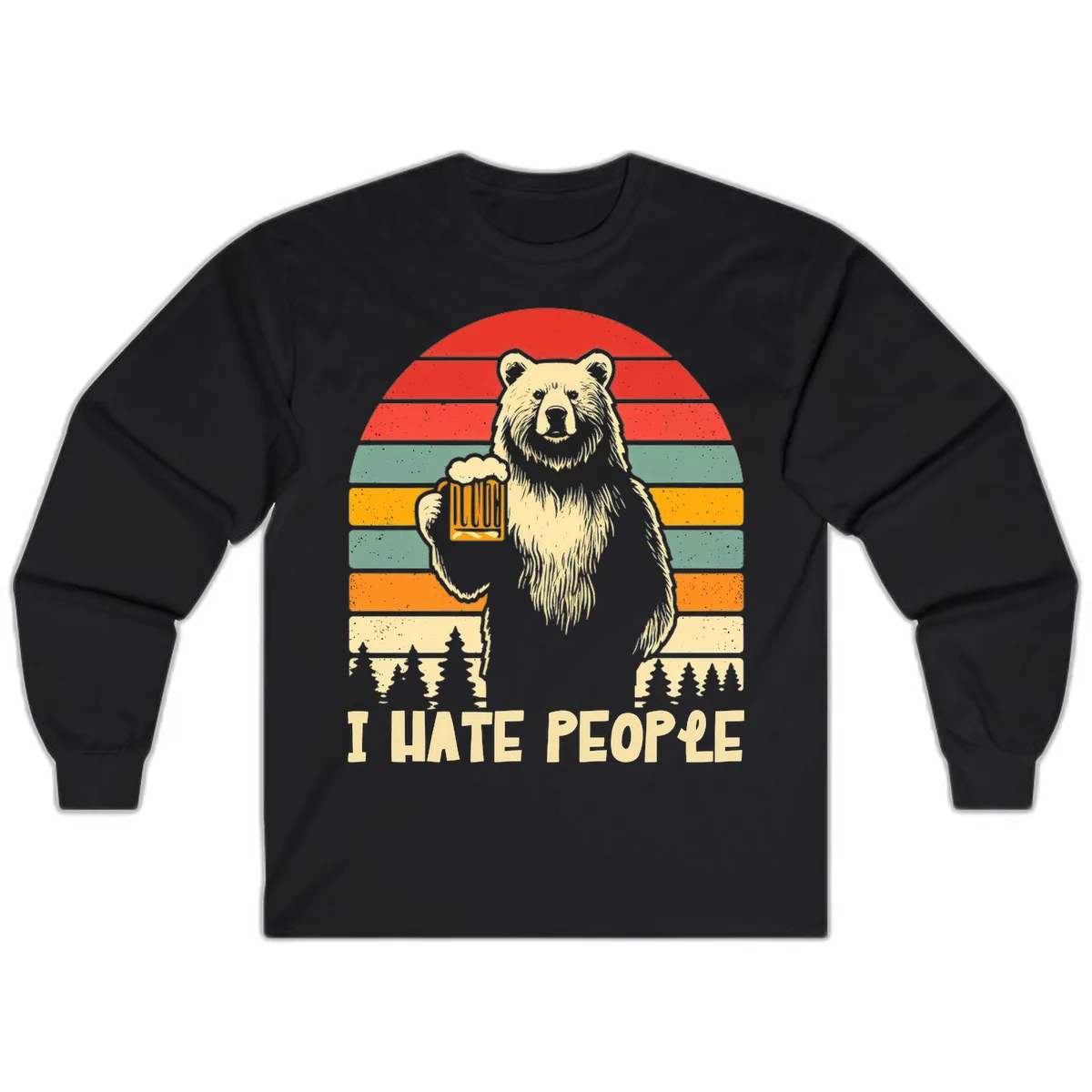 Bear Hates People Retro Camping Long Sleeve in Black