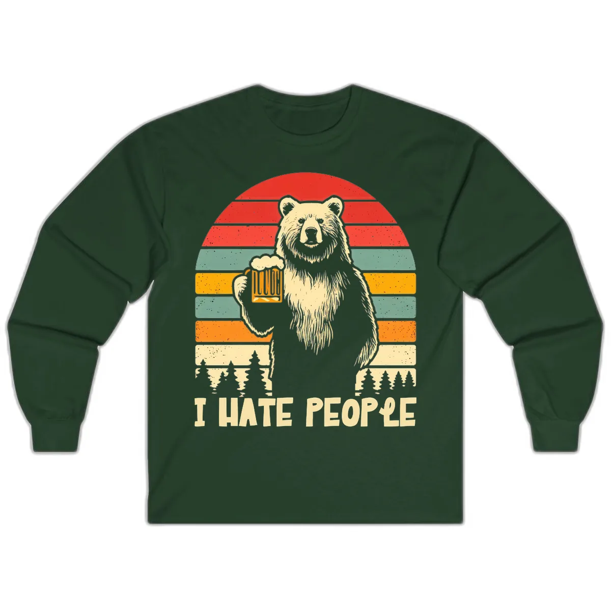 Bear Hates People Retro Camping Long Sleeve in Forest Green