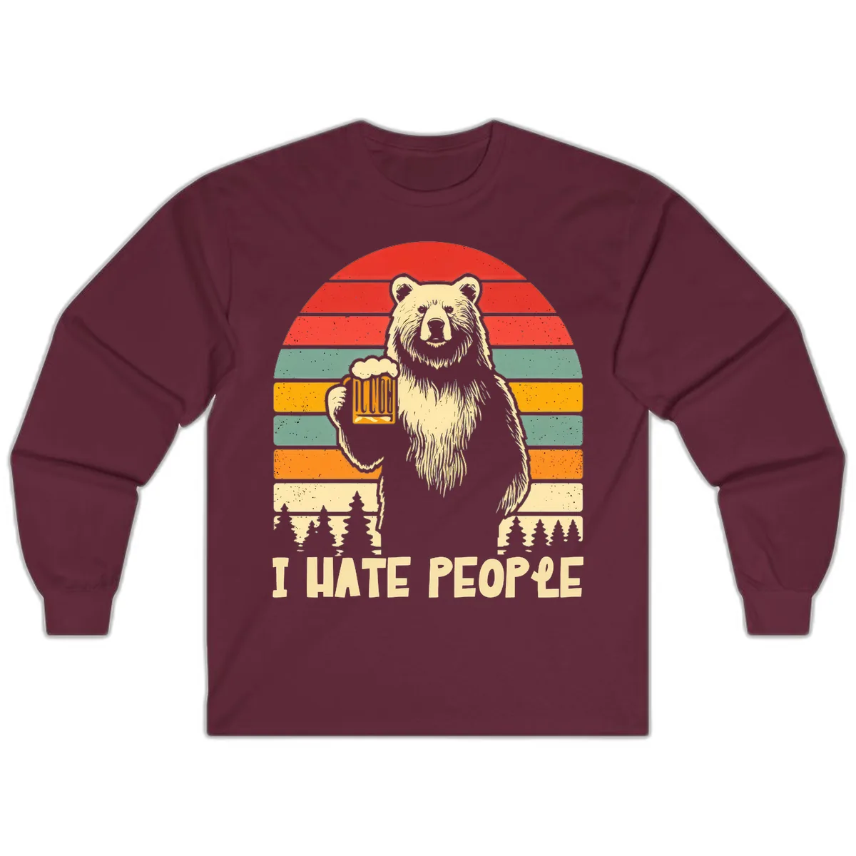 Bear Hates People Retro Camping Long Sleeve in Maroon