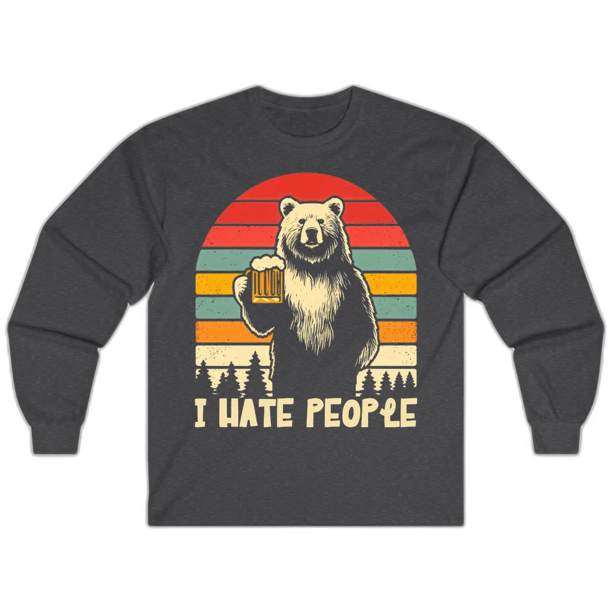 Bear Hates People Retro Camping Long Sleeve in Dark Heather