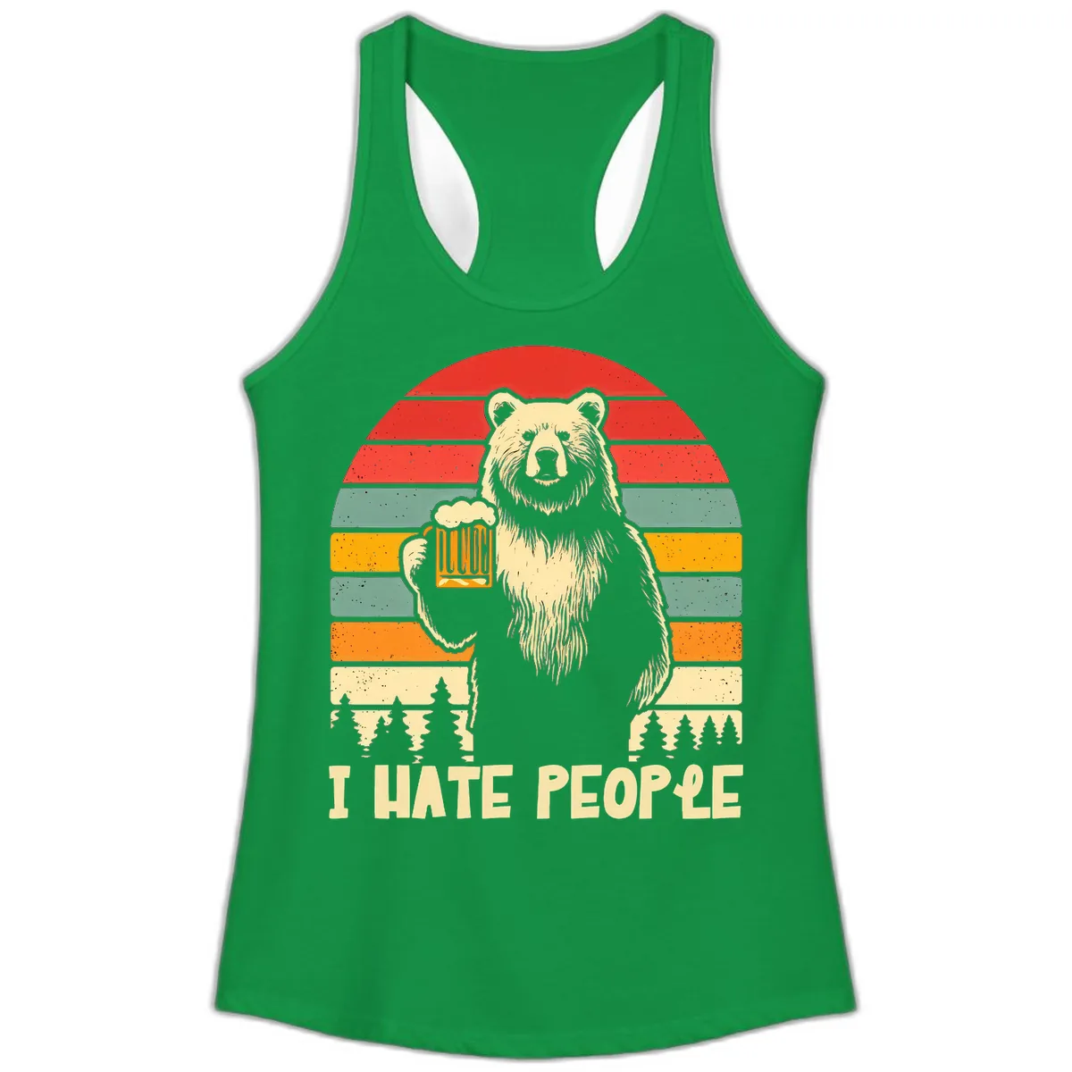 Bear Hates People Retro Camping Ladies Tank in Solid Kelly Green