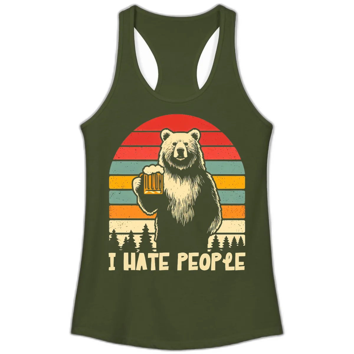 Bear Hates People Retro Camping Ladies Tank in Solid Military Green