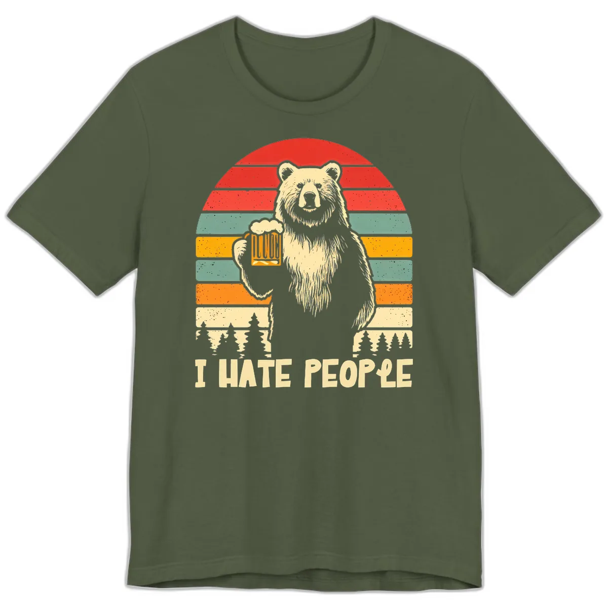 Bear Hates People Retro Camping Premium T-Shirt in Military Green