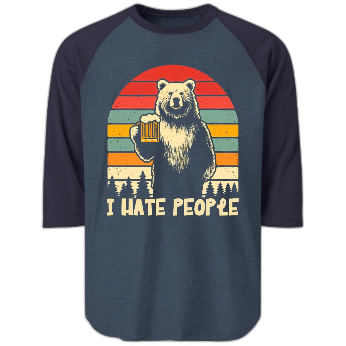Bear Hates People Retro Camping Raglan 3/4 in Heather Denim Navy