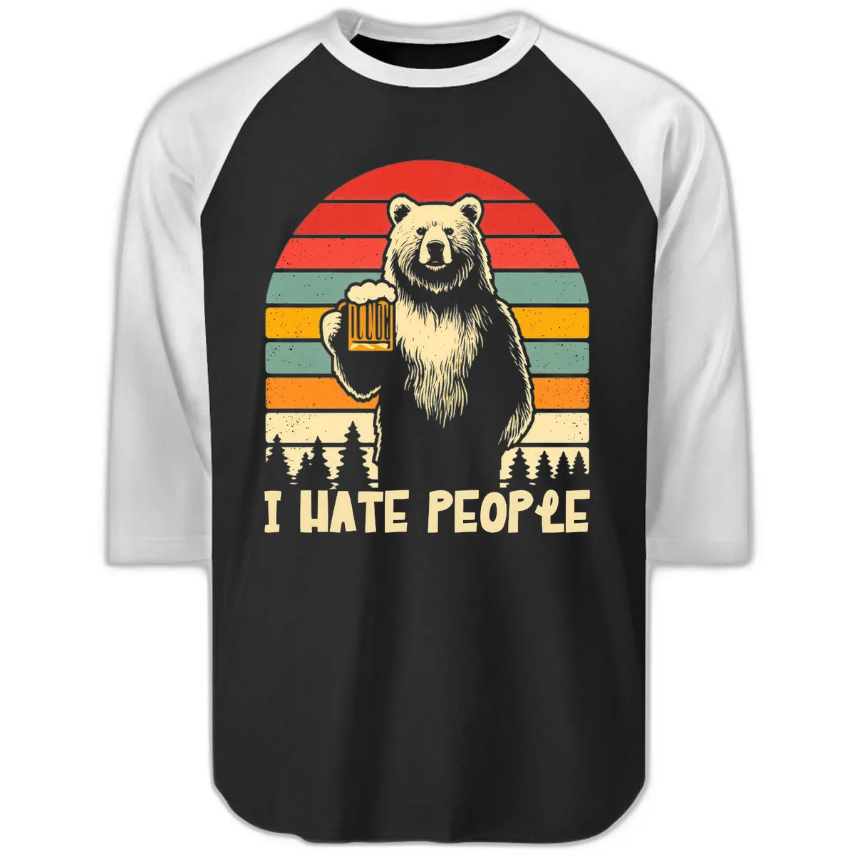 Bear Hates People Retro Camping Raglan 3/4 in Black White