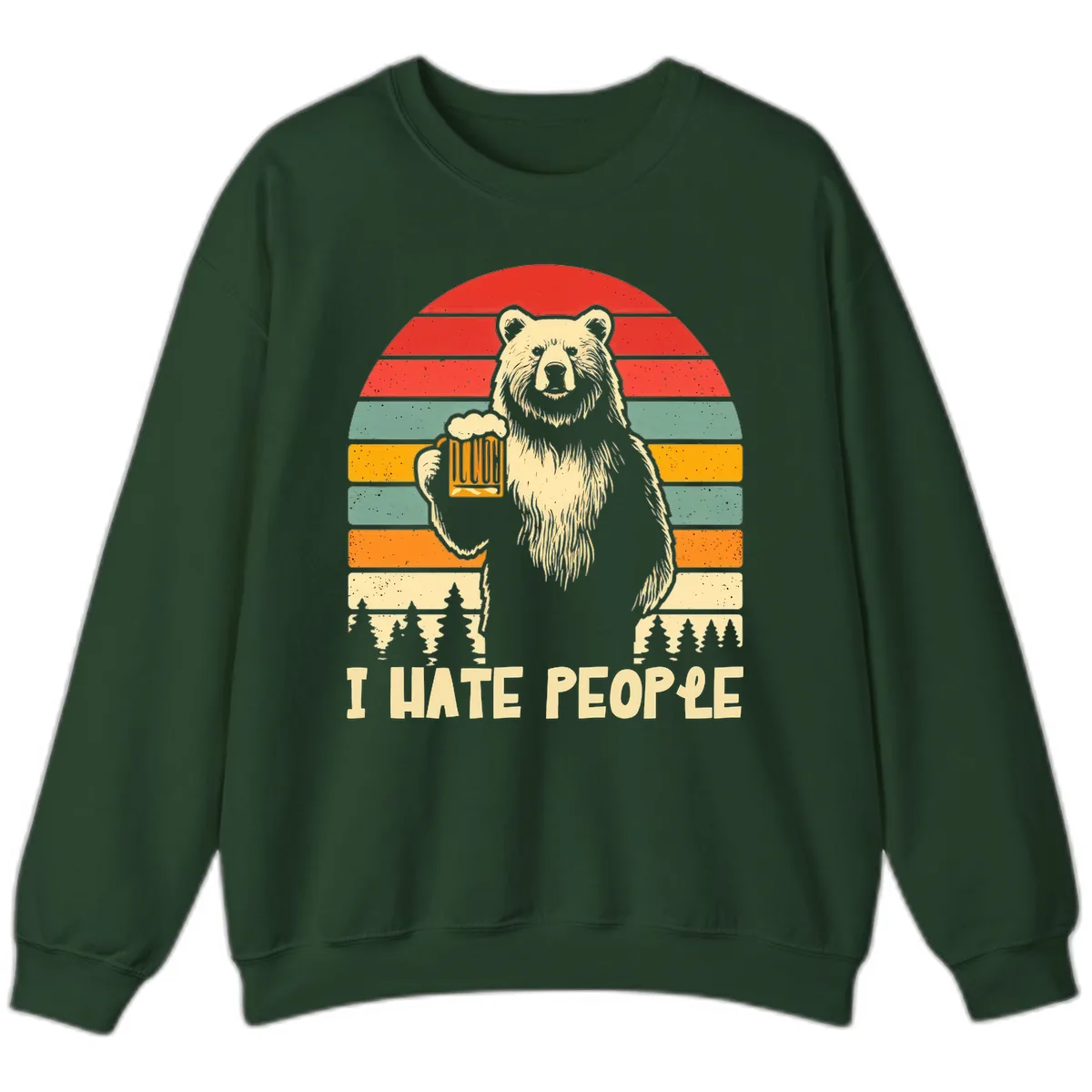 Bear Hates People Retro Camping Sweatshirt in Forest Green