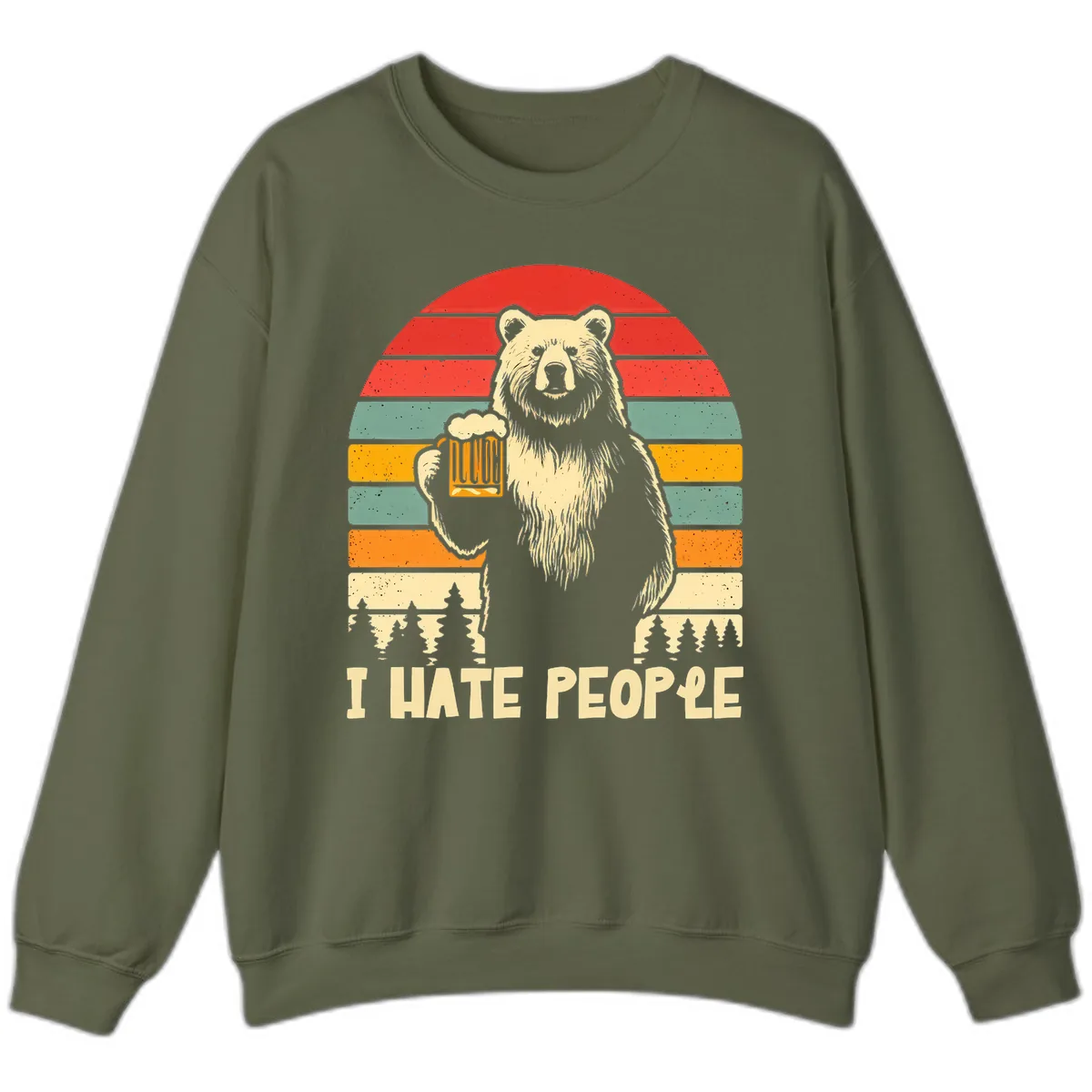 Bear Hates People Retro Camping Sweatshirt in Military Green