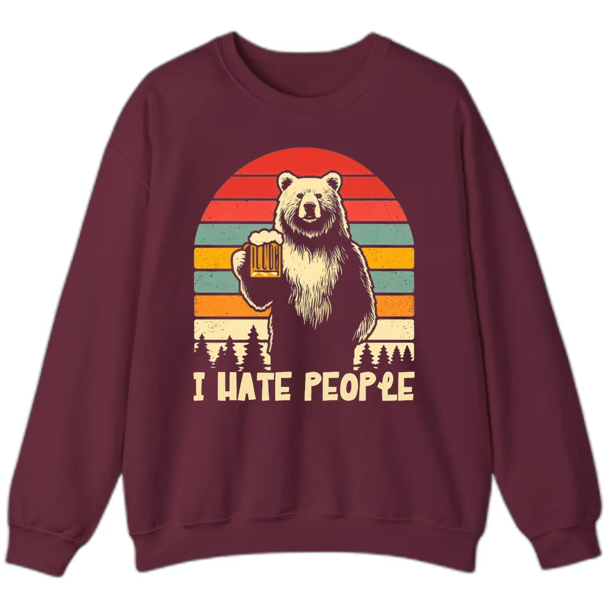 Bear Hates People Retro Camping Sweatshirt in Maroon