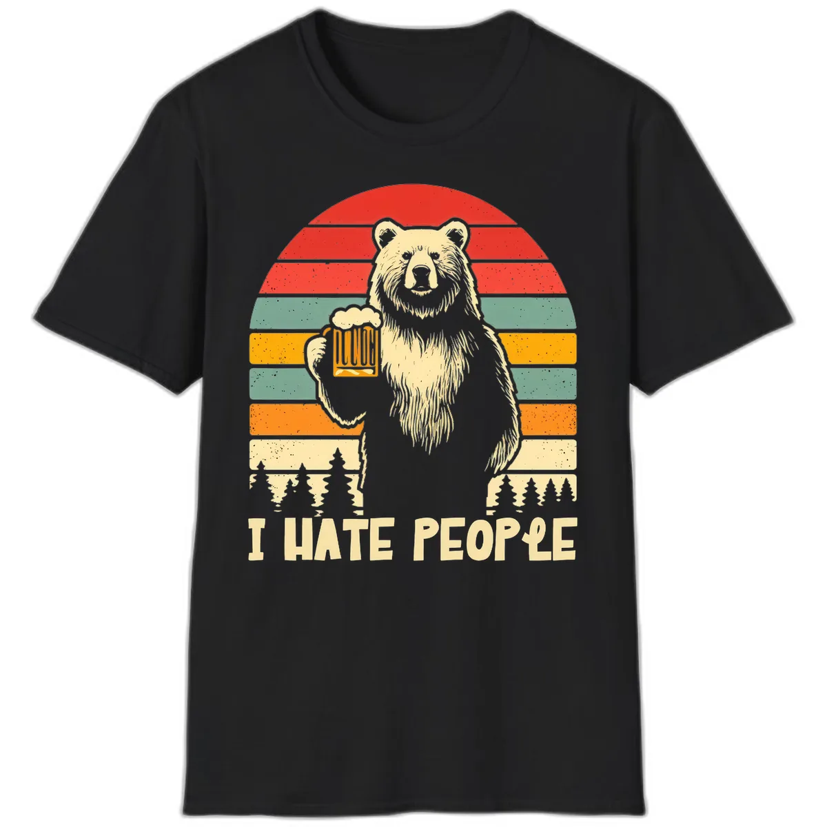 Bear Hates People Retro Camping T-Shirt in Black