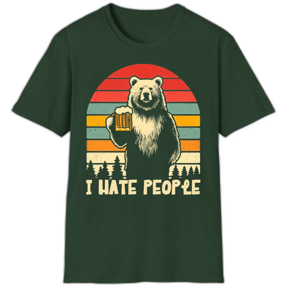 Bear Hates People Retro Camping T-Shirt in Forest Green