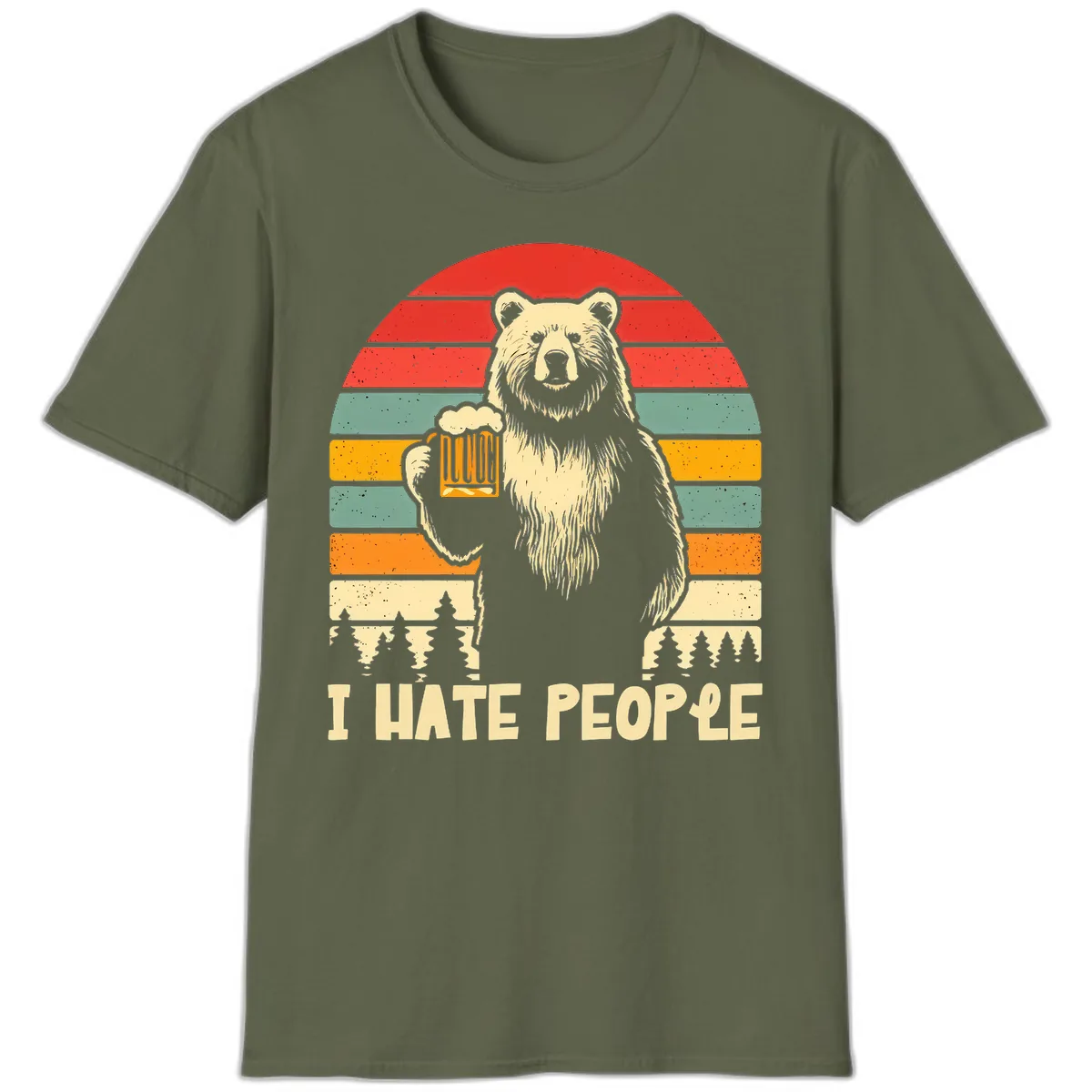 Bear Hates People Retro Camping T-Shirt in Military Green