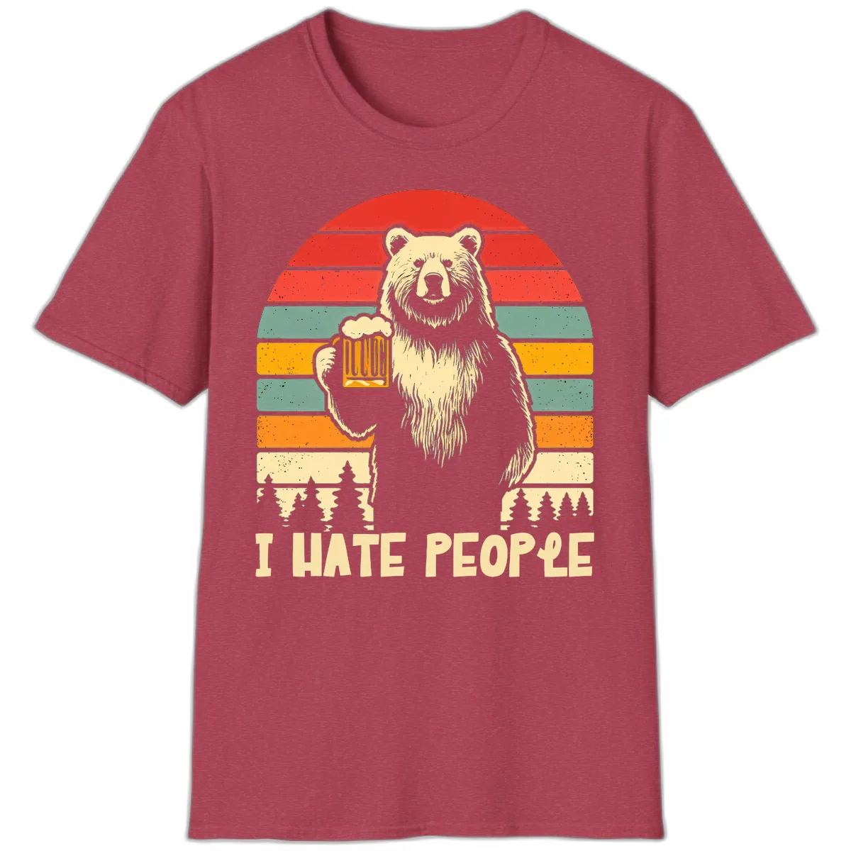 Bear Hates People Retro Camping T-Shirt in Heather Cardinal