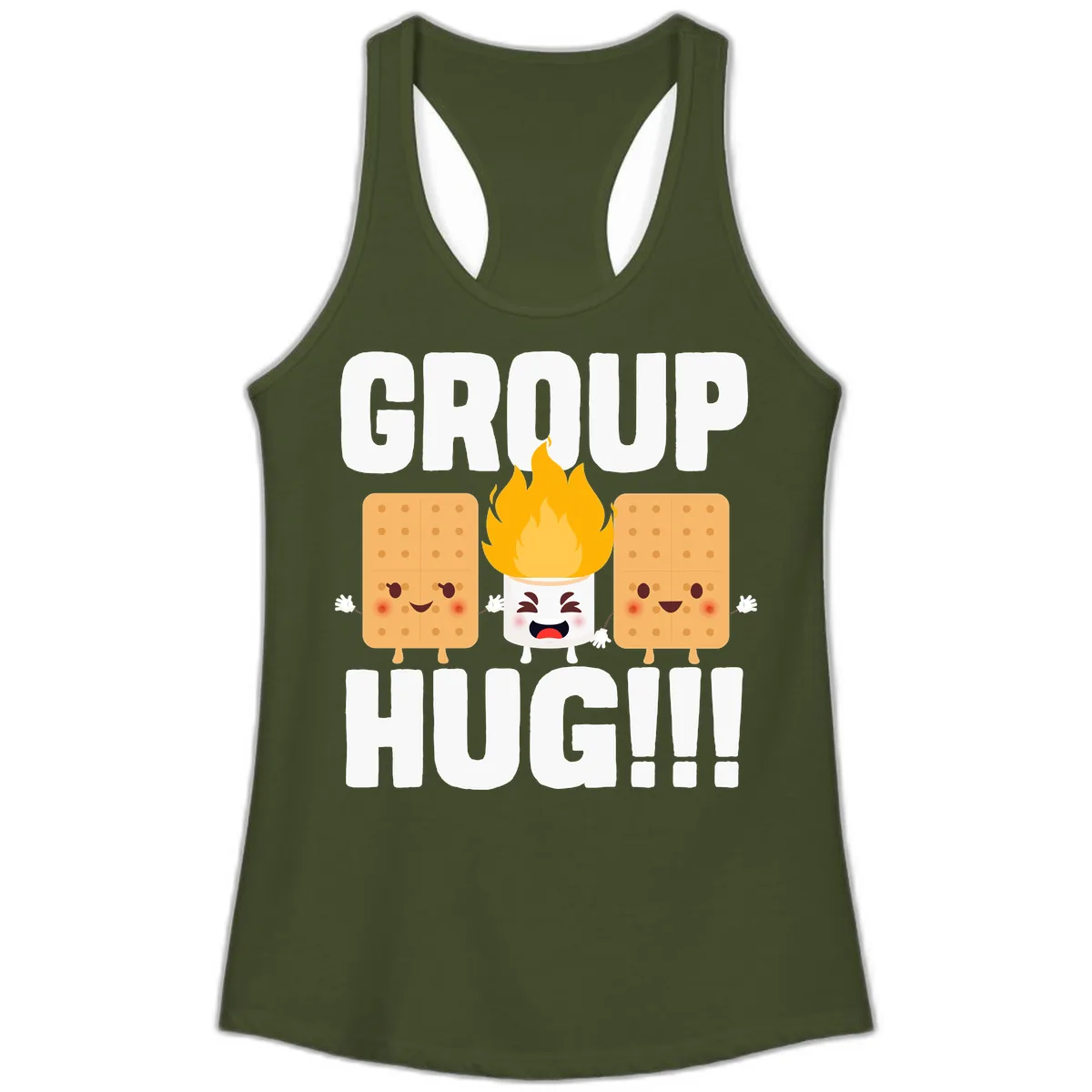 Group Hug S'mores Campfire Ladies Tank in Solid Military Green