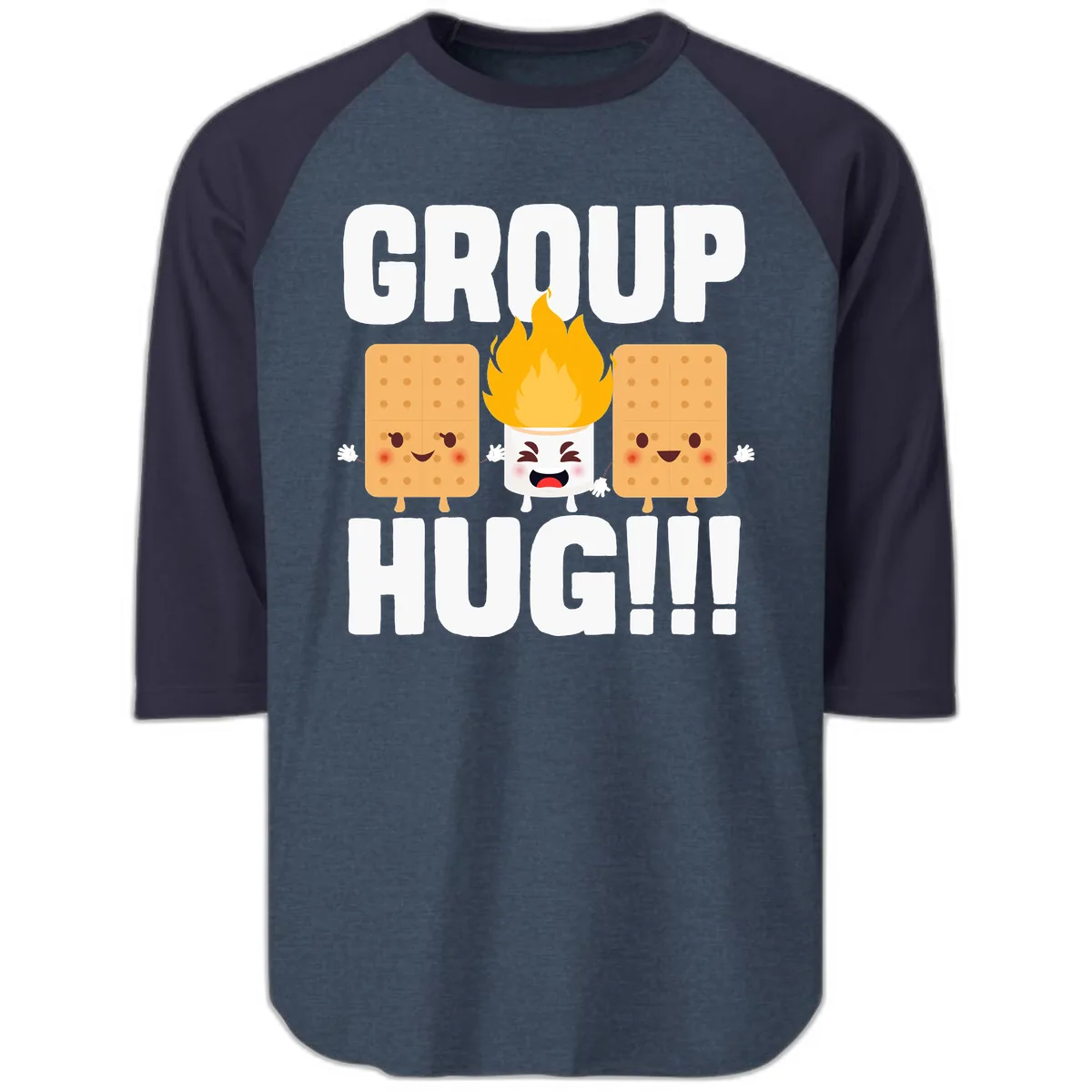 Group Hug S'mores Campfire Raglan 3/4 in Heather Denim Navy