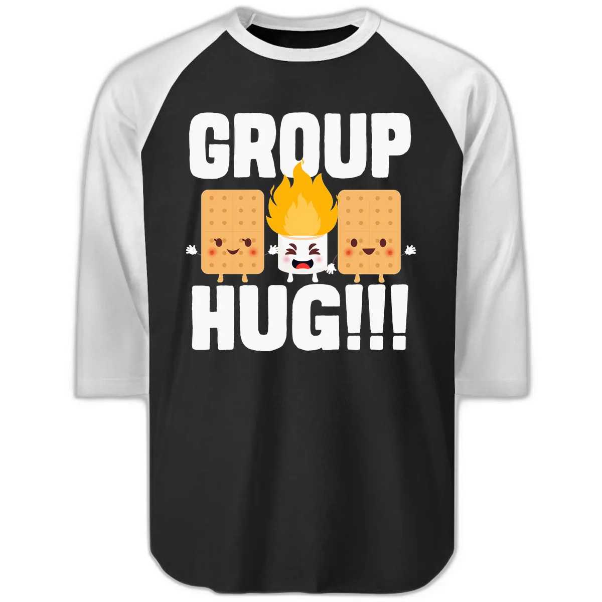 Group Hug S'mores Campfire Raglan 3/4 in Black White