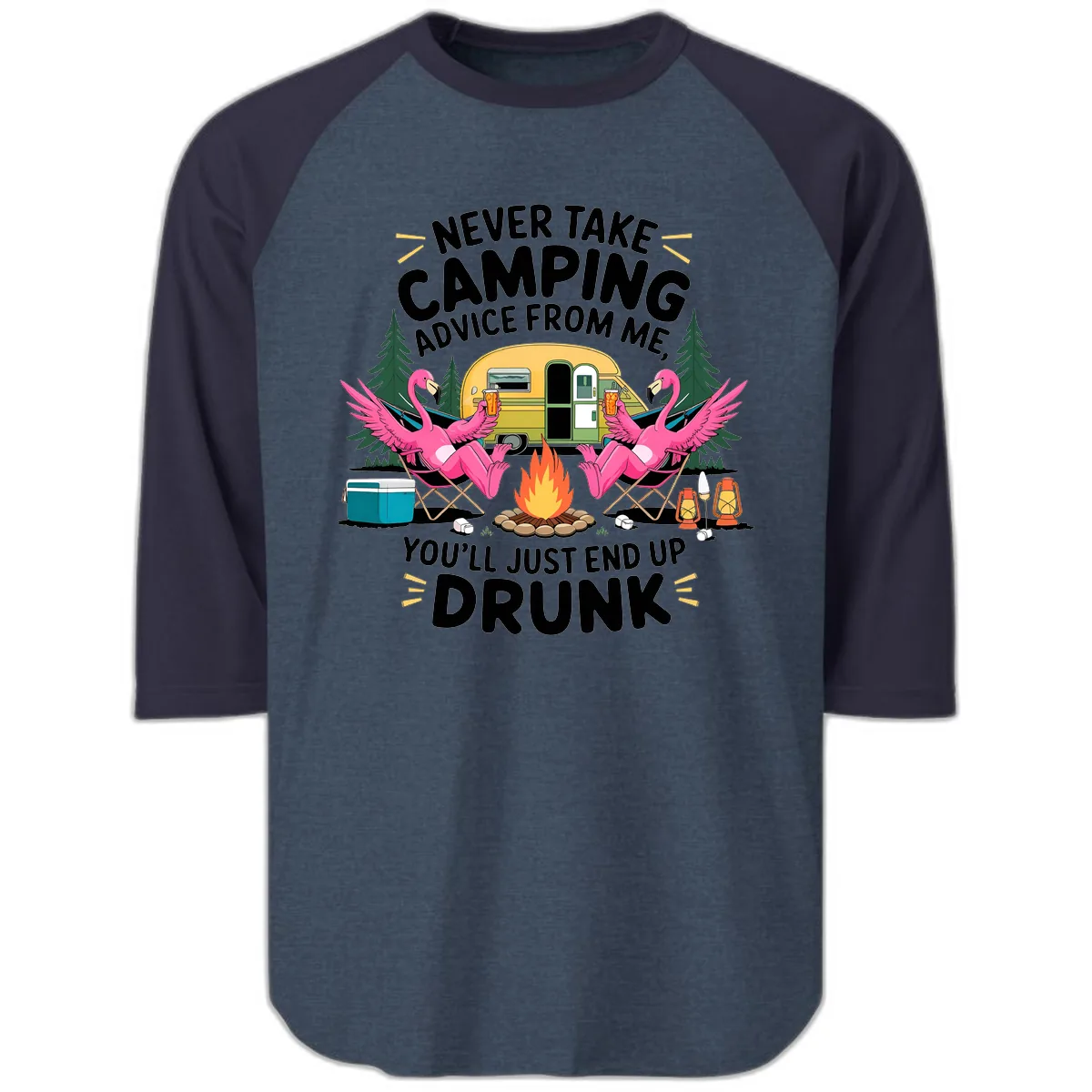 Never Take Camping Advice From Me Raglan 3/4 in Heather Denim Navy