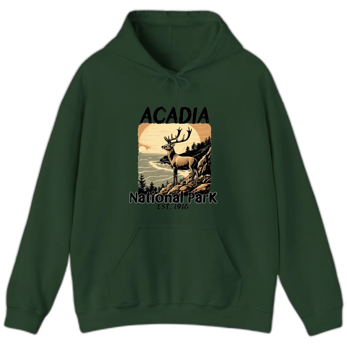 Acadia National Park Deer Scenic Hoodie in Forest Green