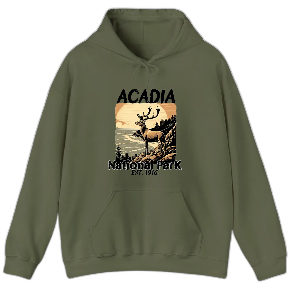 Acadia National Park Deer Scenic Hoodie in Military Green