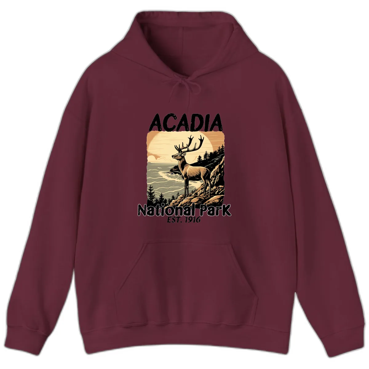 Acadia National Park Deer Scenic Hoodie in Maroon