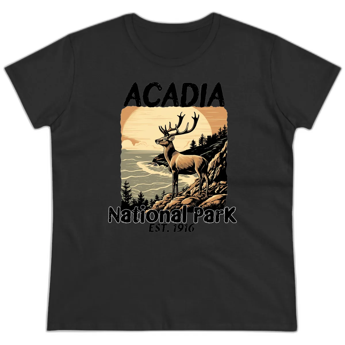 Acadia National Park Deer Scenic Ladies Tee in Black