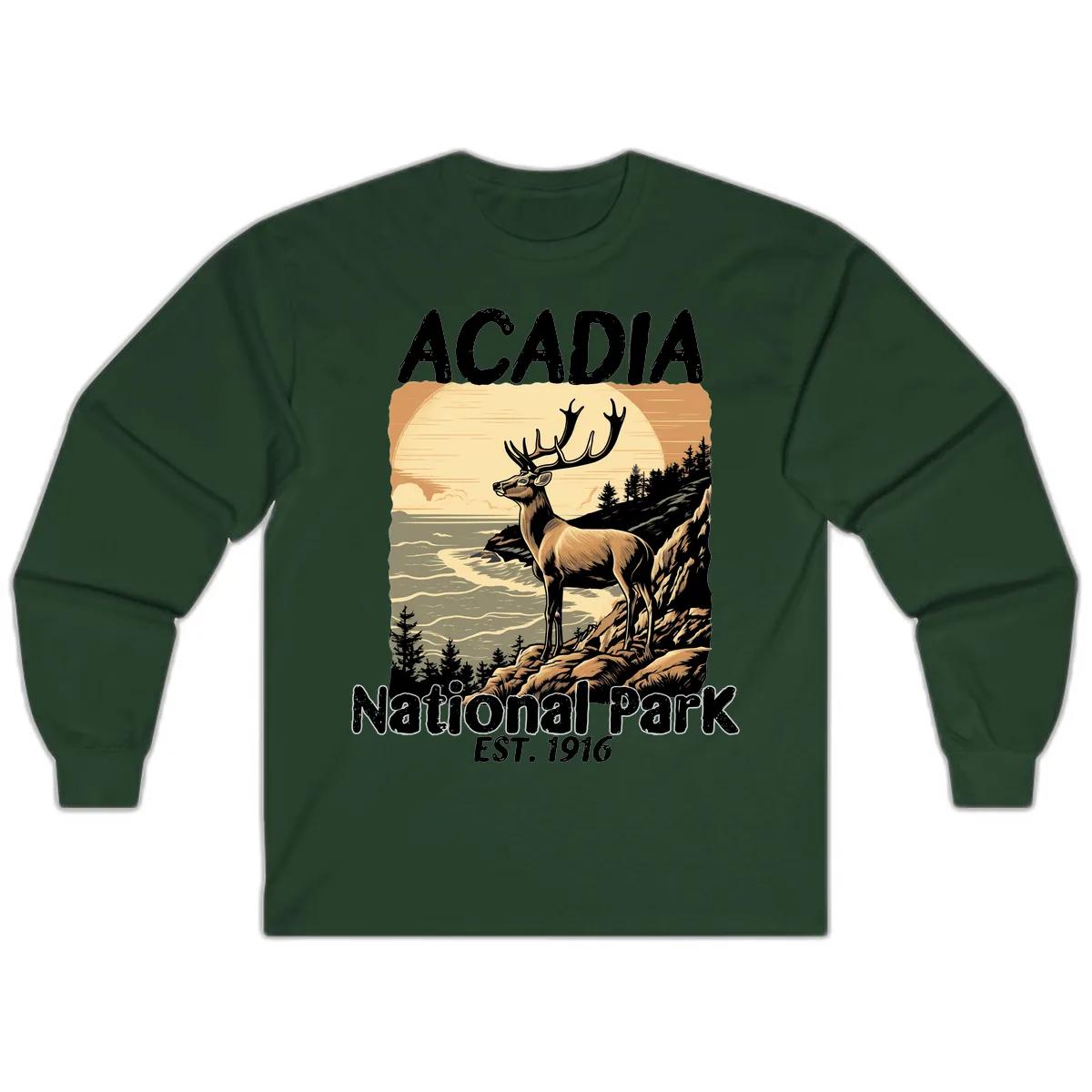 Acadia National Park Deer Scenic Long Sleeve in Forest Green