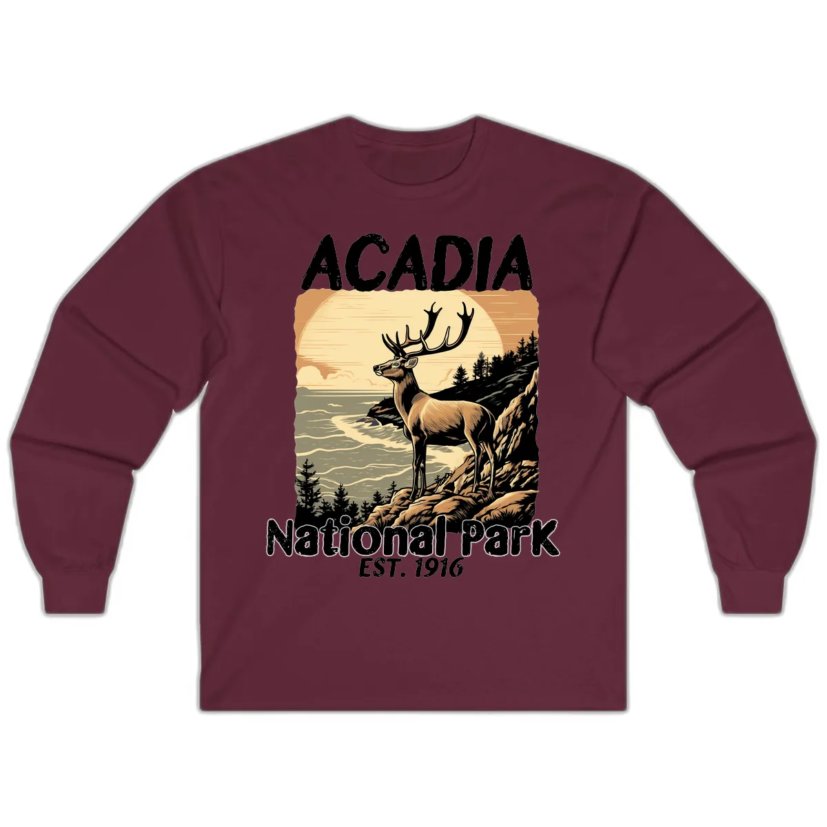 Acadia National Park Deer Scenic Long Sleeve in Maroon