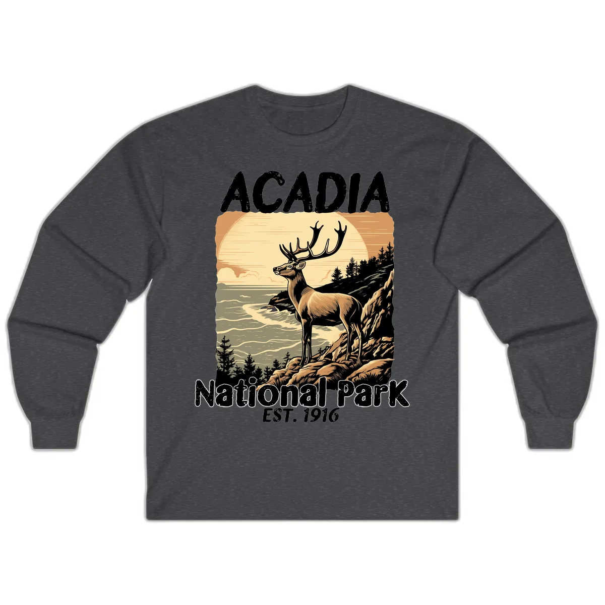 Acadia National Park Deer Scenic Long Sleeve in Dark Heather