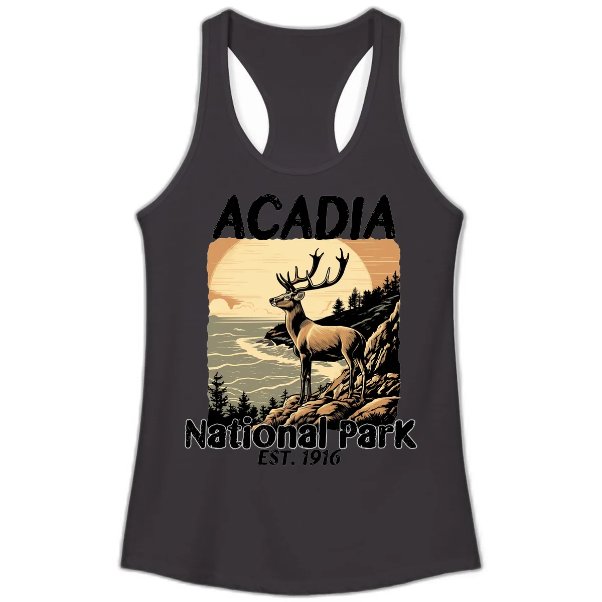 Acadia National Park Deer Scenic Ladies Tank in Black