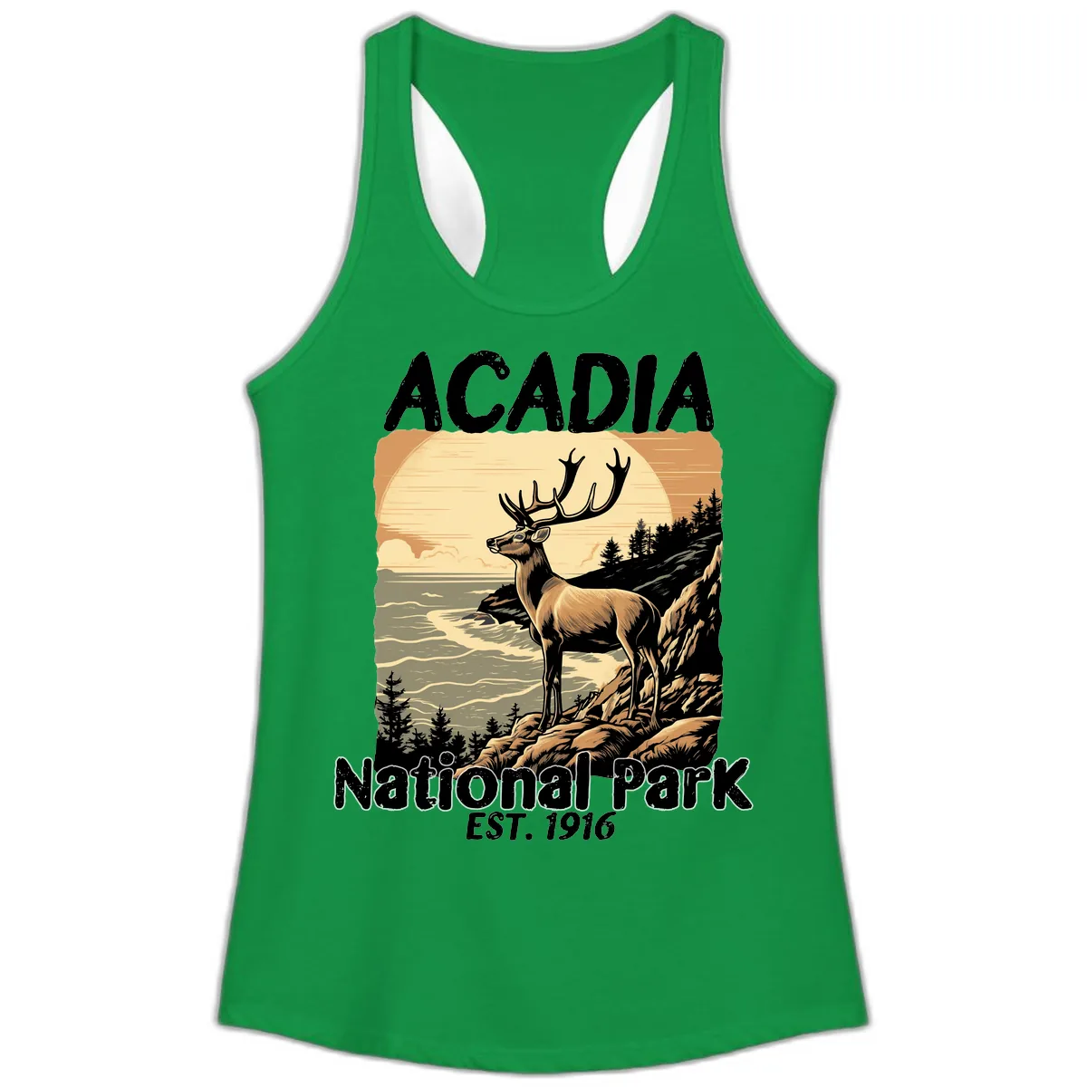 Acadia National Park Deer Scenic Ladies Tank in Solid Kelly Green