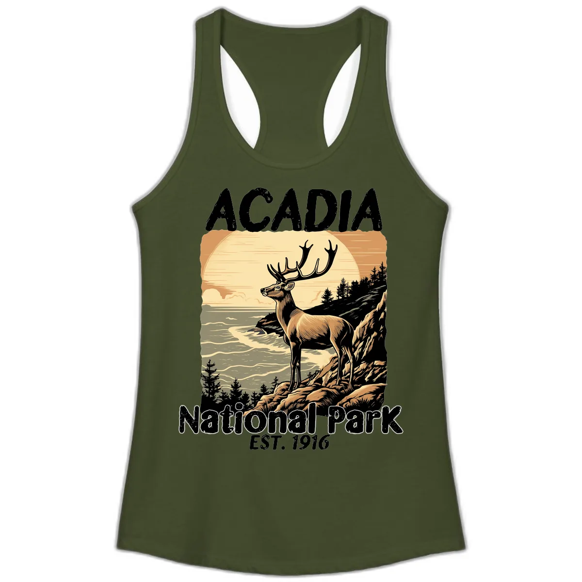 Acadia National Park Deer Scenic Ladies Tank in Solid Military Green