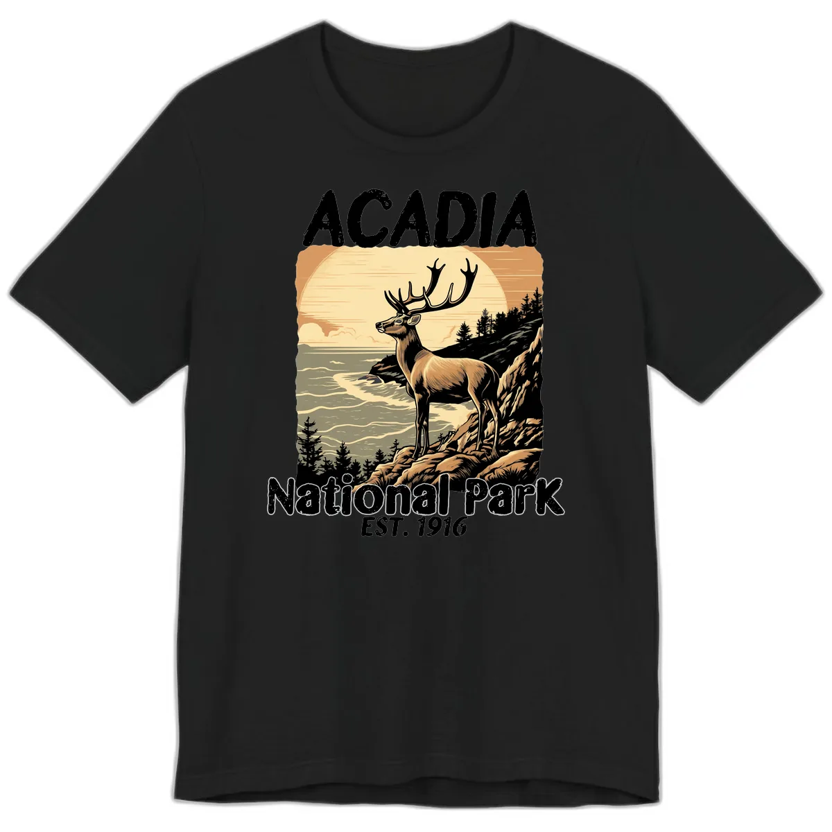 Acadia National Park Deer Scenic Premium T-Shirt in Black