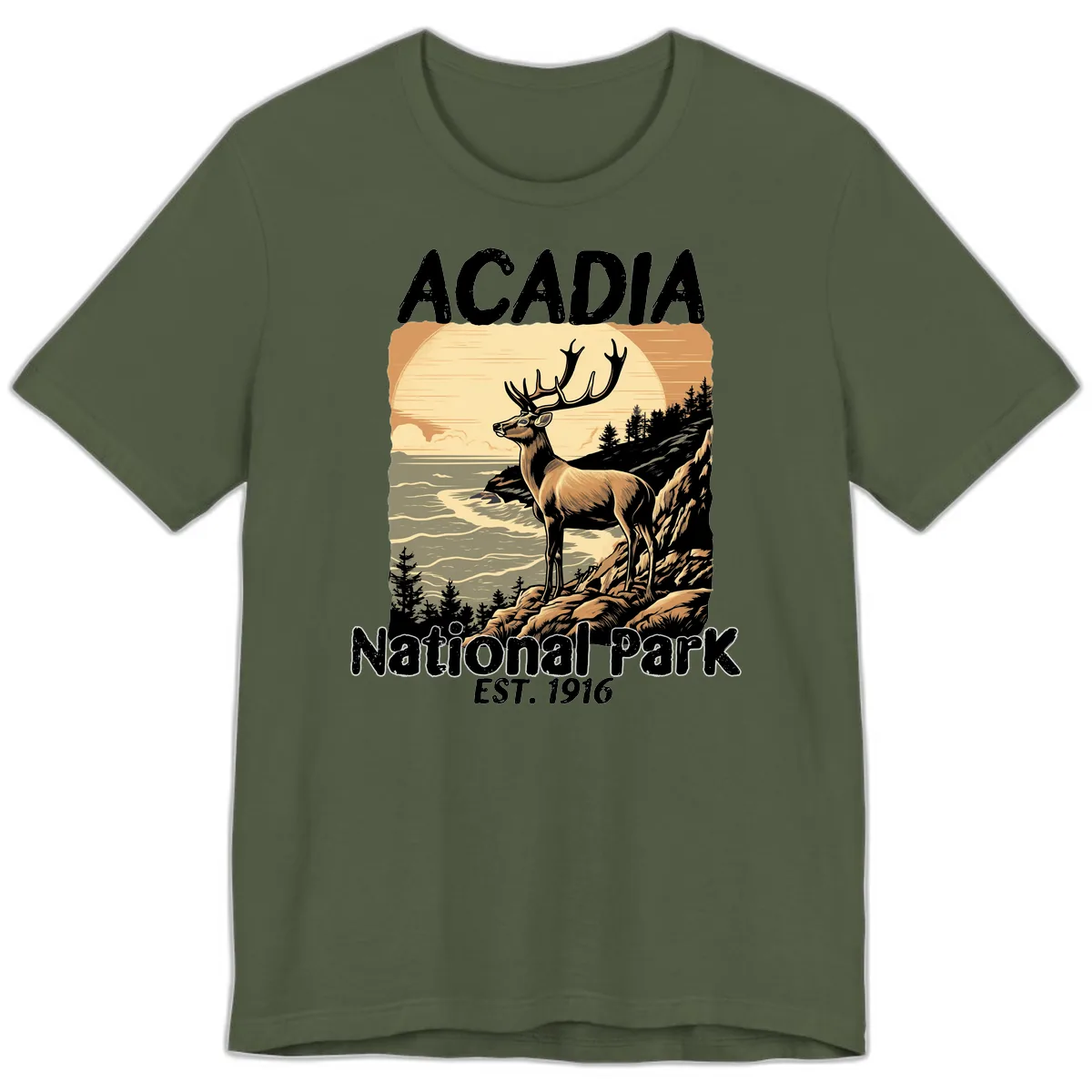 Acadia National Park Deer Scenic Premium T-Shirt in Military Green