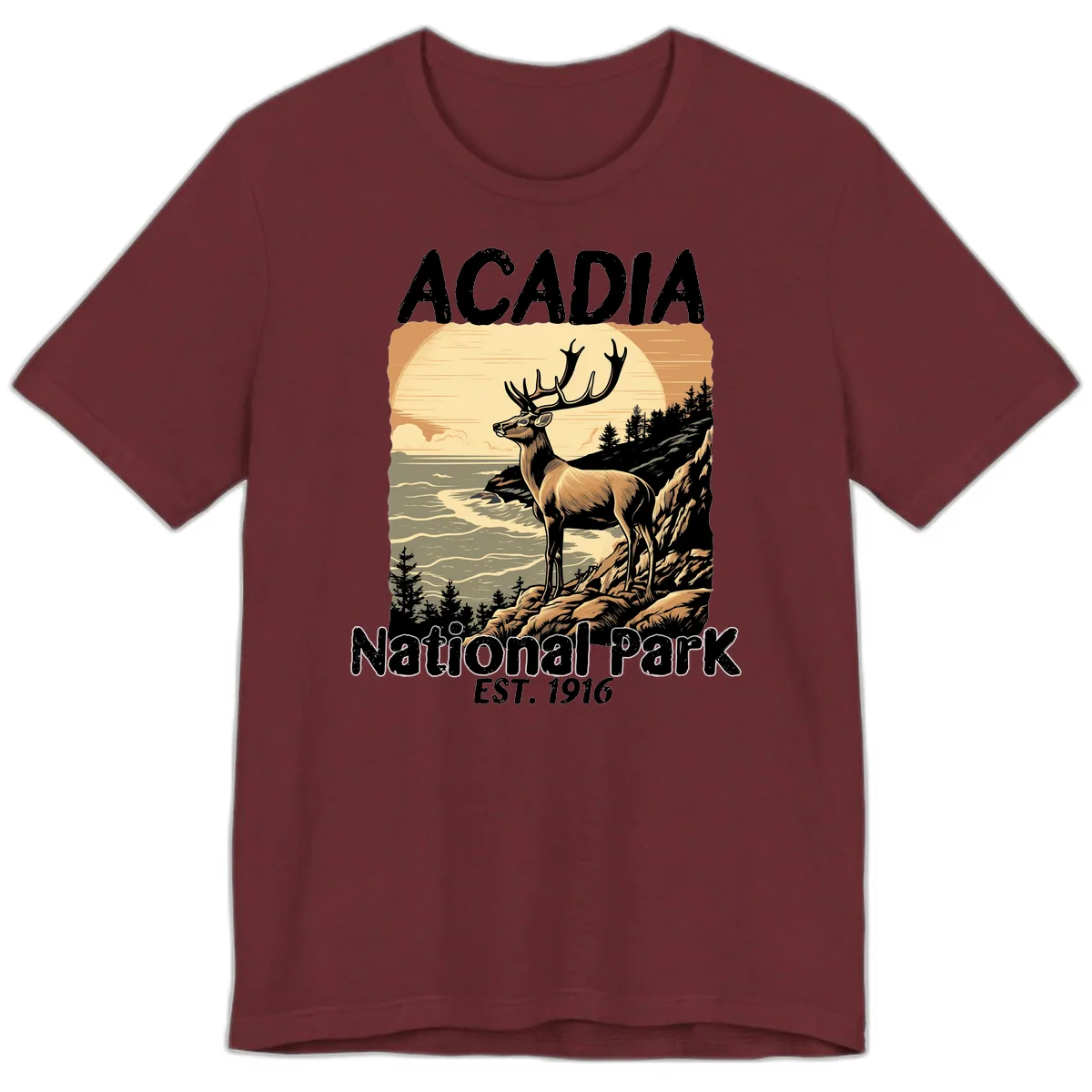Acadia National Park Deer Scenic Premium T-Shirt in Heather Cardinal