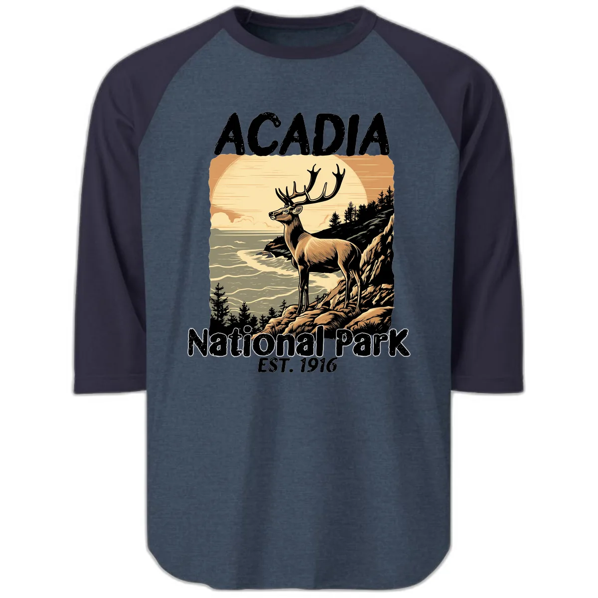 Acadia National Park Deer Scenic Raglan 3/4 in Heather Denim Navy