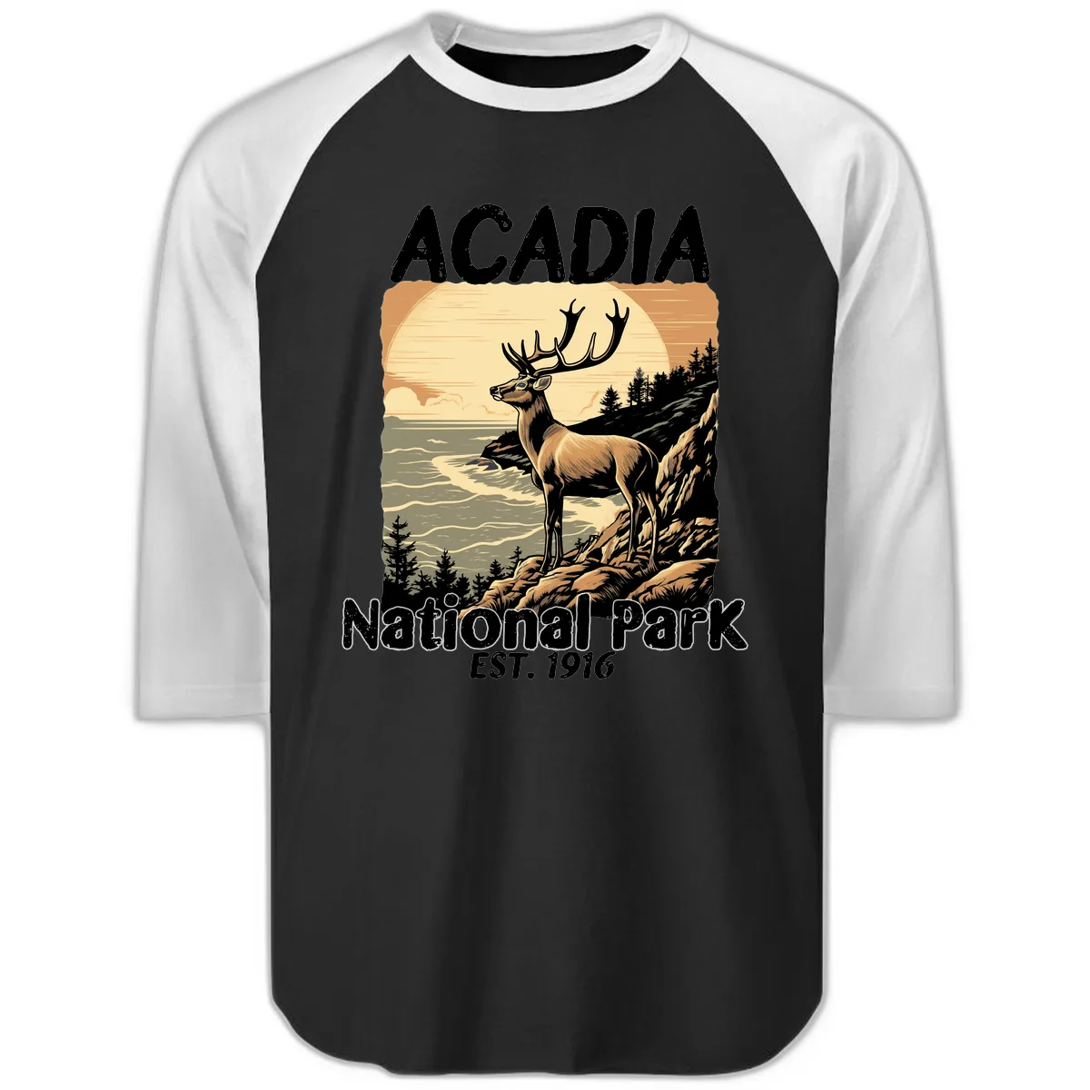 Acadia National Park Deer Scenic Raglan 3/4 in Black White