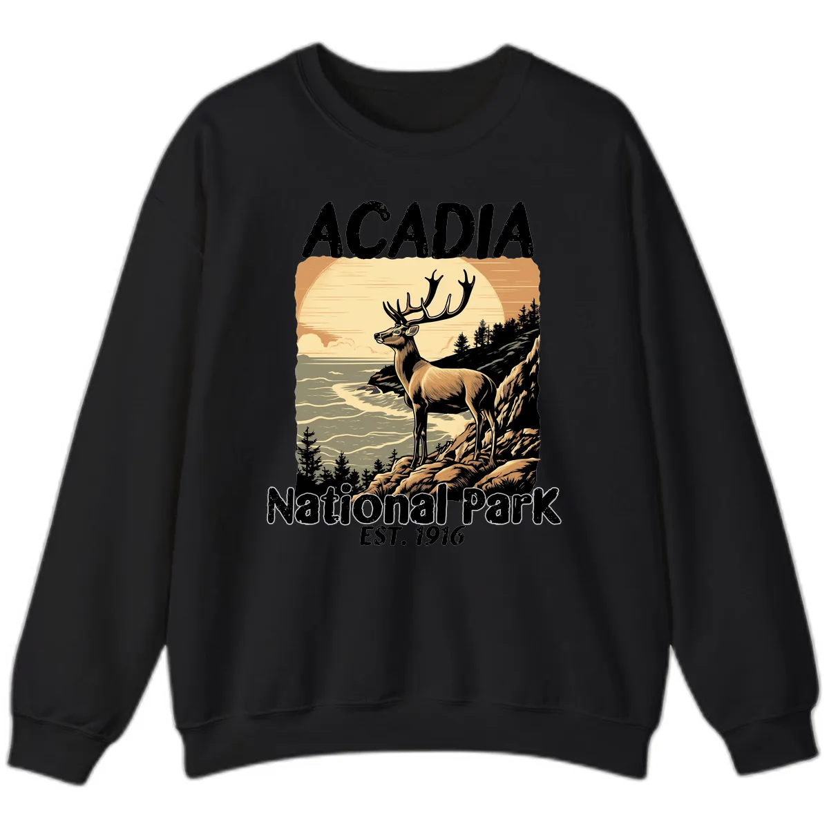 Acadia National Park Deer Scenic Sweatshirt in Black