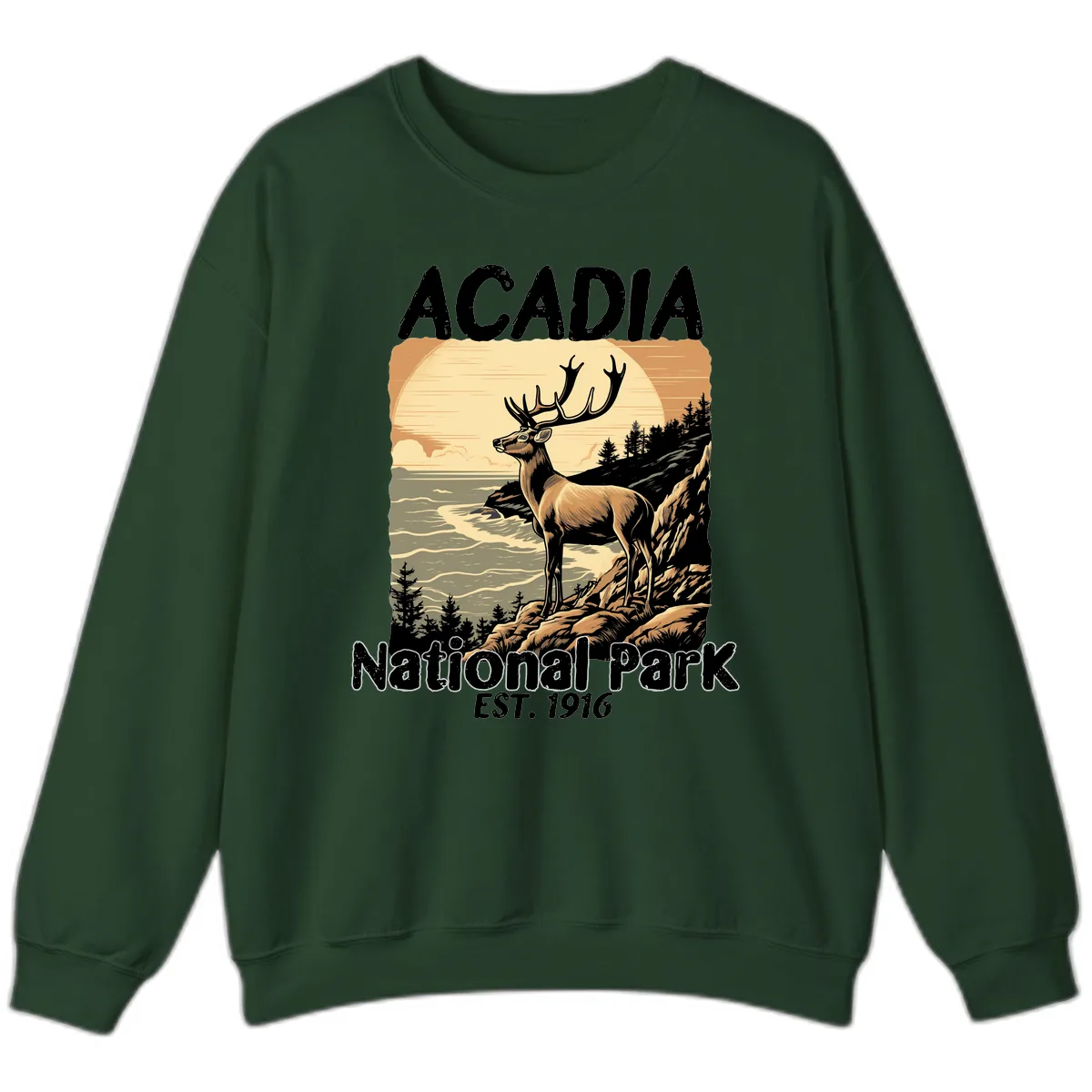 Acadia National Park Deer Scenic Sweatshirt in Forest Green