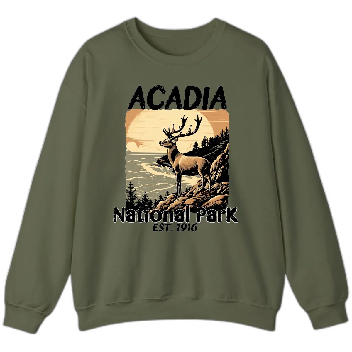 Acadia National Park Deer Scenic Sweatshirt in Military Green