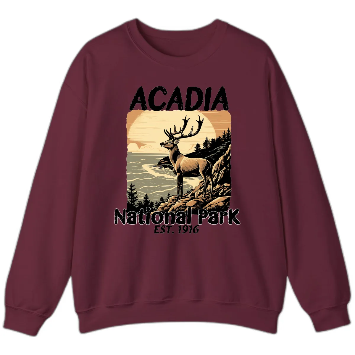 Acadia National Park Deer Scenic Sweatshirt in Maroon